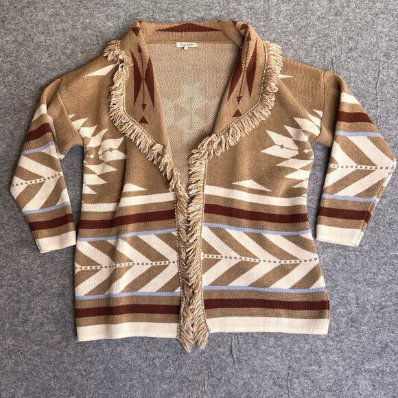 Fringed Tan Cardigan Sweater - Picture 1 of 8
